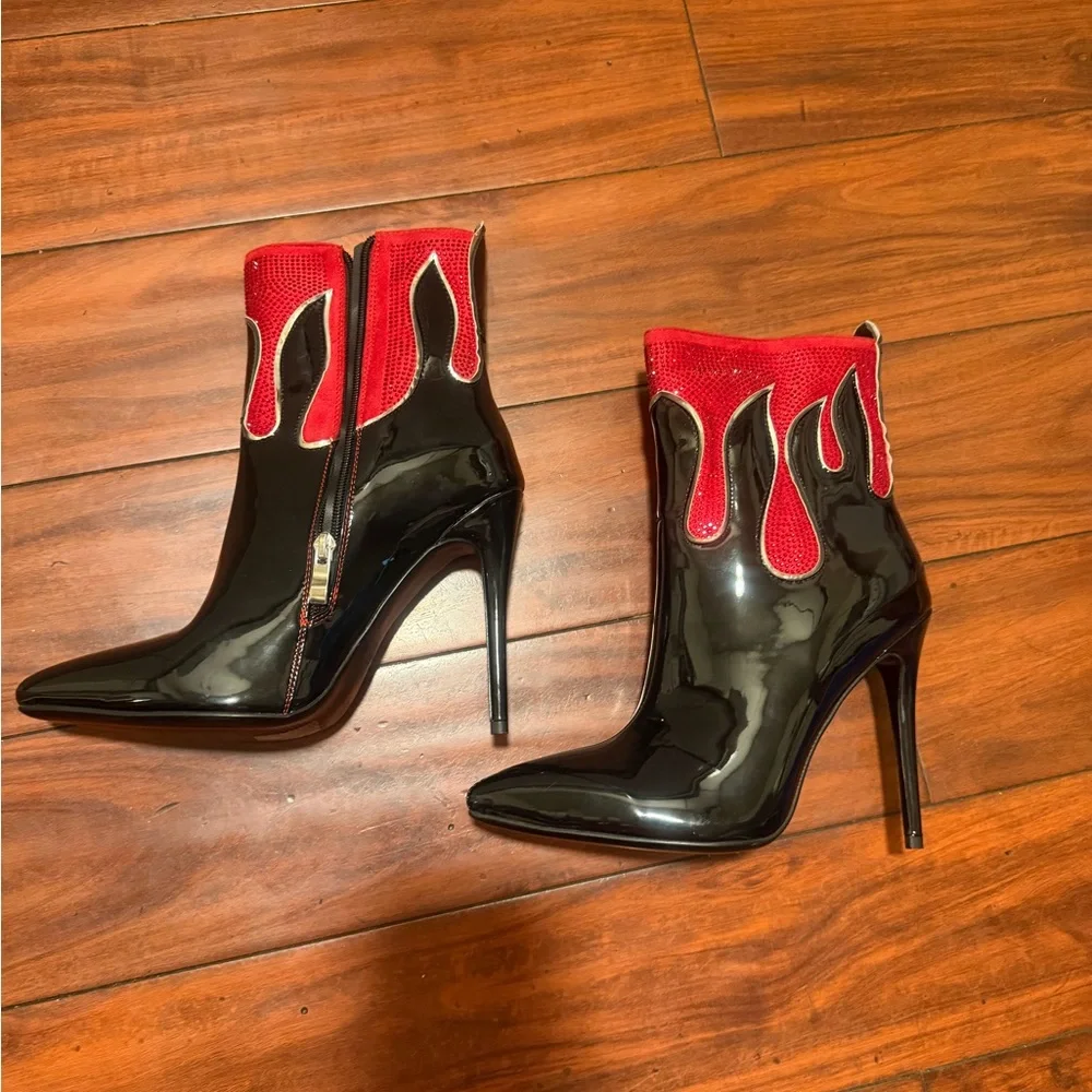 Azalea Wakg Fiery Red and Black Heeled Boots - Picture 2 of 10